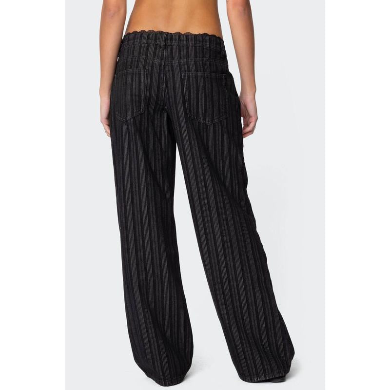 Lace Trim Striped Low Rise Jeans
