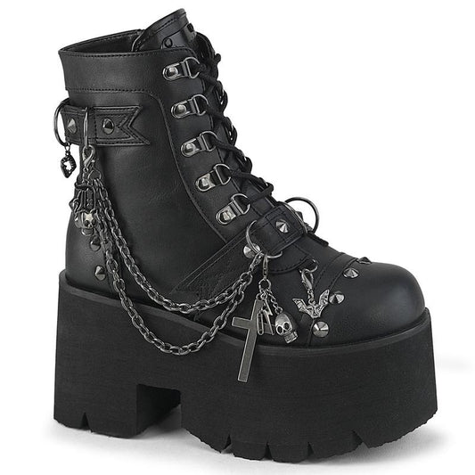 Demonia Ashes-52 Chunky Heel Platform D-Ring Lace-Up Ankle Boot with Metal Details