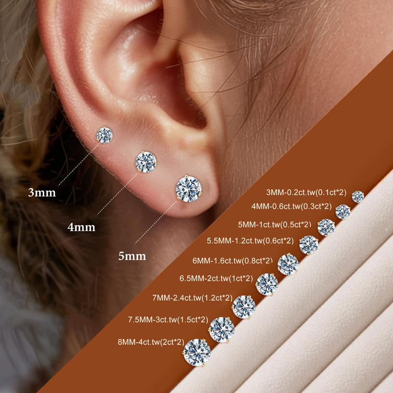MOOSEA Martini Moissanite Earrings for Women Men, 0.2-4 Ct round D Color VVS1 Clarity Lab Created Earring 925 Sterling Silver Classic 3 Prong Moissanite Earrings Screw Back for Women Men