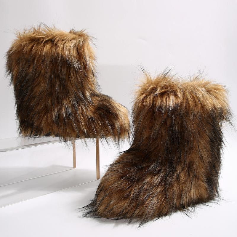 Furry Fluffy Women Snow Boots Warmplush Knee High Flats Luxury Fashion Punk Goth Cosplay Women Winter Shoes