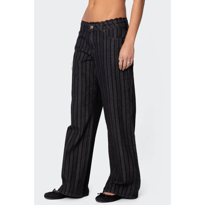 Lace Trim Striped Low Rise Jeans