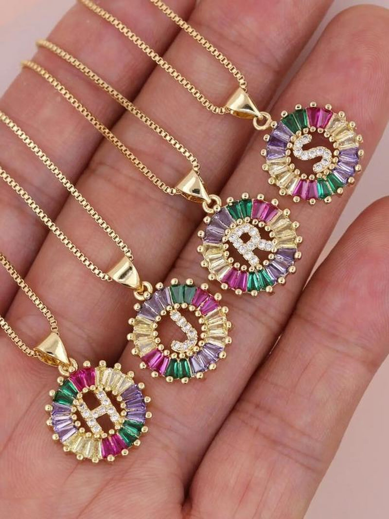 Fashion Colorful Rhinestone Decor Letter Design Pendant Necklace, Hollow Out round Pendant Necklace for Women, Fashion Jewelry for Clothing Decor, Chain
