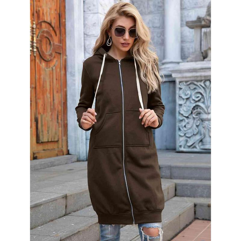 Zip-Up Longline Hoodie with Pockets