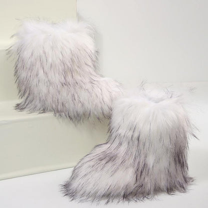 Furry Fluffy Women Snow Boots Warmplush Knee High Flats Luxury Fashion Punk Goth Cosplay Women Winter Shoes