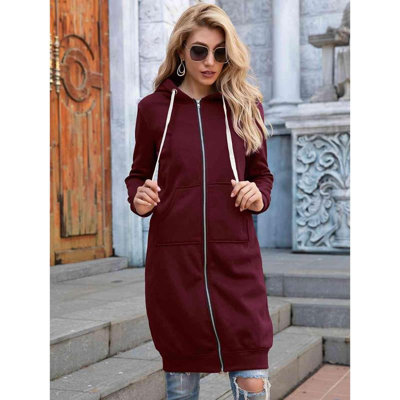 Zip-Up Longline Hoodie with Pockets