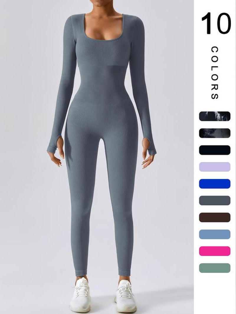 Women'S Solid Ribbed Long Sleeve Sports Playsuit Tummy Control Jumpsuit, Workout Ribbed Long Sleeve Exercise Bodycon Jumpsuit, Seamless Jumpsuits One-Piece Yoga Suit, Summer Outfits 2024