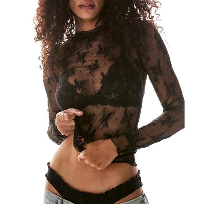 Arssm 2-Pieces Mature Lace Tops for Women'S Mesh Long Sleeve Mock Neck Sheer Blouse Floral See through Layering Top Slim Shirts Casual Chic Fitted Elegant Summer Outfit - Womenswear