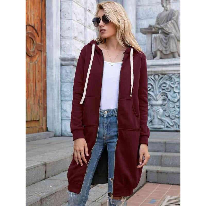 Zip-Up Longline Hoodie with Pockets