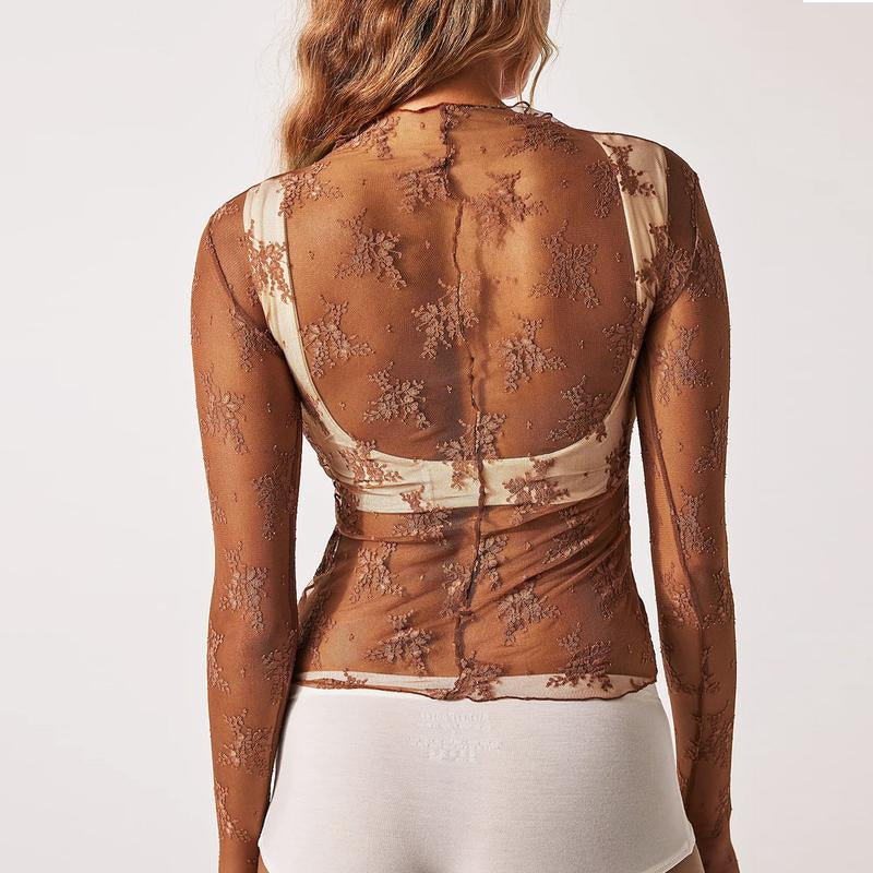 Arssm 2-Pieces Mature Lace Tops for Women'S Mesh Long Sleeve Mock Neck Sheer Blouse Floral See through Layering Top Slim Shirts Casual Chic Fitted Elegant Summer Outfit - Womenswear