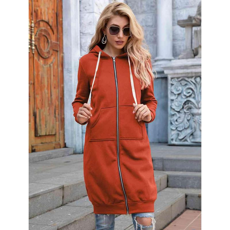 Zip-Up Longline Hoodie with Pockets