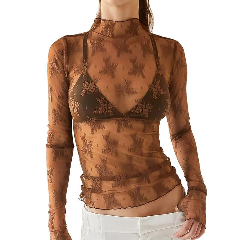 Arssm 2-Pieces Mature Lace Tops for Women'S Mesh Long Sleeve Mock Neck Sheer Blouse Floral See through Layering Top Slim Shirts Casual Chic Fitted Elegant Summer Outfit - Womenswear