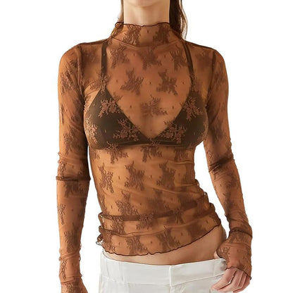 Arssm 2-Pieces Mature Lace Tops for Women'S Mesh Long Sleeve Mock Neck Sheer Blouse Floral See through Layering Top Slim Shirts Casual Chic Fitted Elegant Summer Outfit - Womenswear